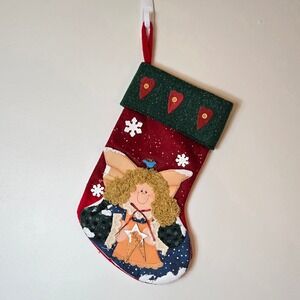 Vintage Wal-Mart Christmas Stocking Red‎ Green Angel 3D Applique Peace Star Folk